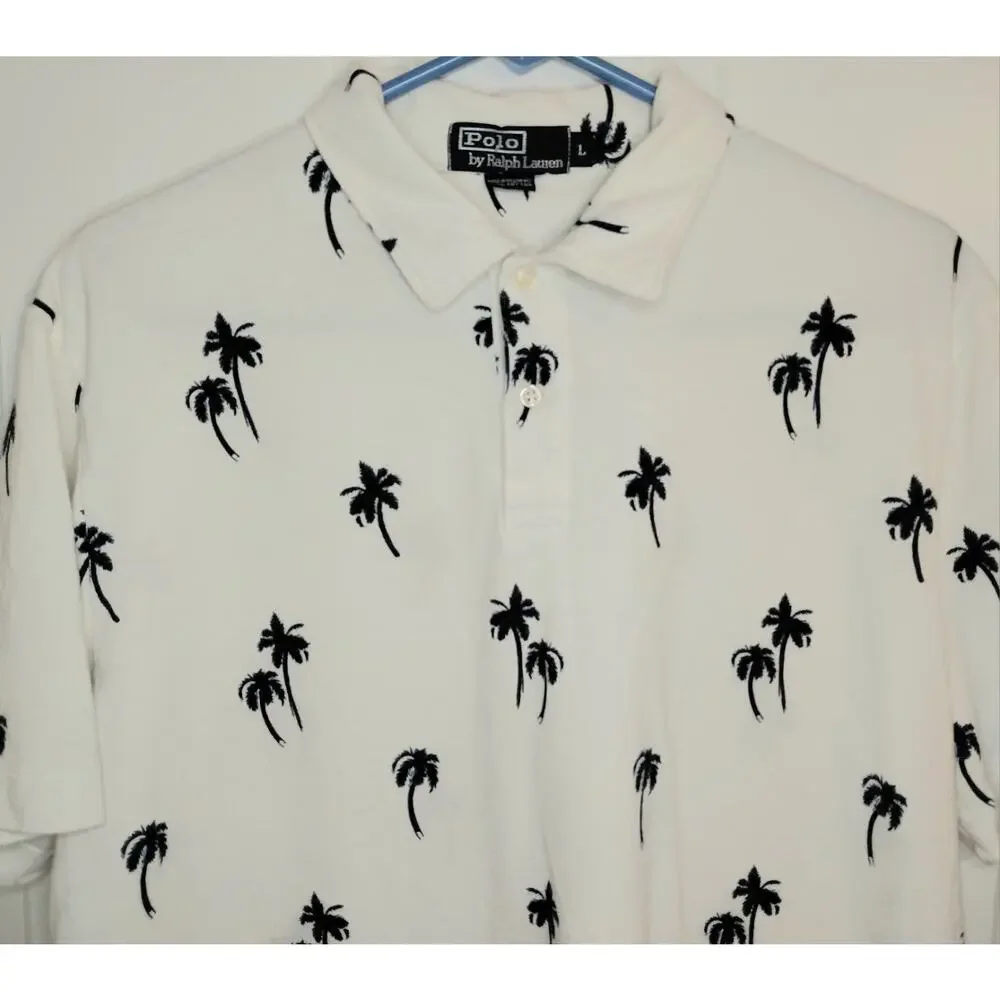 VTG Polo Ralph Lauren Palm Tree Print Polo Shirt White Black Blue L Cruise 2002